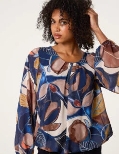 Abstract Print Scoop Neck Puffball Blouse(Abstract Print Scoop Neck Puffball Blouse)