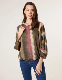 Printed Round Neck Long Sleeve Top(Khaki Printed Round Neck Long Sleeve Top)