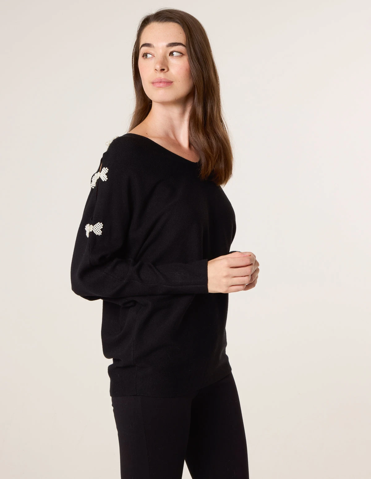 V-Neck Batwing Shoulder Pearl Detailing Jumper(Black V Neck Batwing Shoulder Pearl Detailing Jumper) 2 V-Neck Batwing Shoulder Pearl Detailing Jumper(Black V Neck Batwing Shoulder Pearl Detailing Jumper) - Image 2