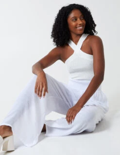 Shirring Waist Wide Leg Trousers(White Shirring Waist Wide Leg Trousers)