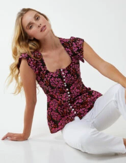 Milkmaid Button Front Floral Peplum Top(Pink Pattern Button Front Floral Peplum Top)