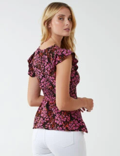 Milkmaid Button Front Floral Peplum Top(Pink Pattern Button Front Floral Peplum Top) -Repertoire Fashion Store NL1423 PINKPATTERN 153