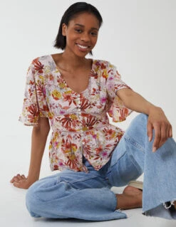 Button Front Batwing Peplum Top(Pink Button Front Batwing Peplum Top)