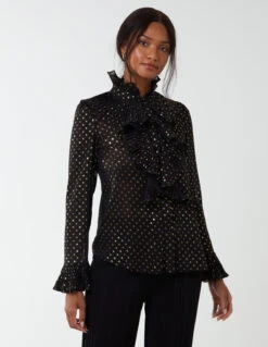 Gold Dots Pleated Frill Shirt(Black Gold Dots Pleated Frill Shirt) 9 Gold Dots Pleated Frill Shirt(Black Gold Dots Pleated Frill Shirt) -Repertoire Fashion Store NL222429 BLACK 116