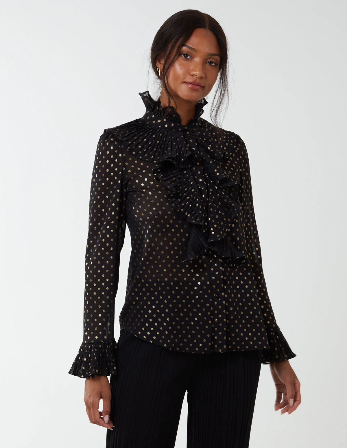 Gold Dots Pleated Frill Shirt(Black Gold Dots Pleated Frill Shirt) 5 Gold Dots Pleated Frill Shirt(Black Gold Dots Pleated Frill Shirt) - Image 5