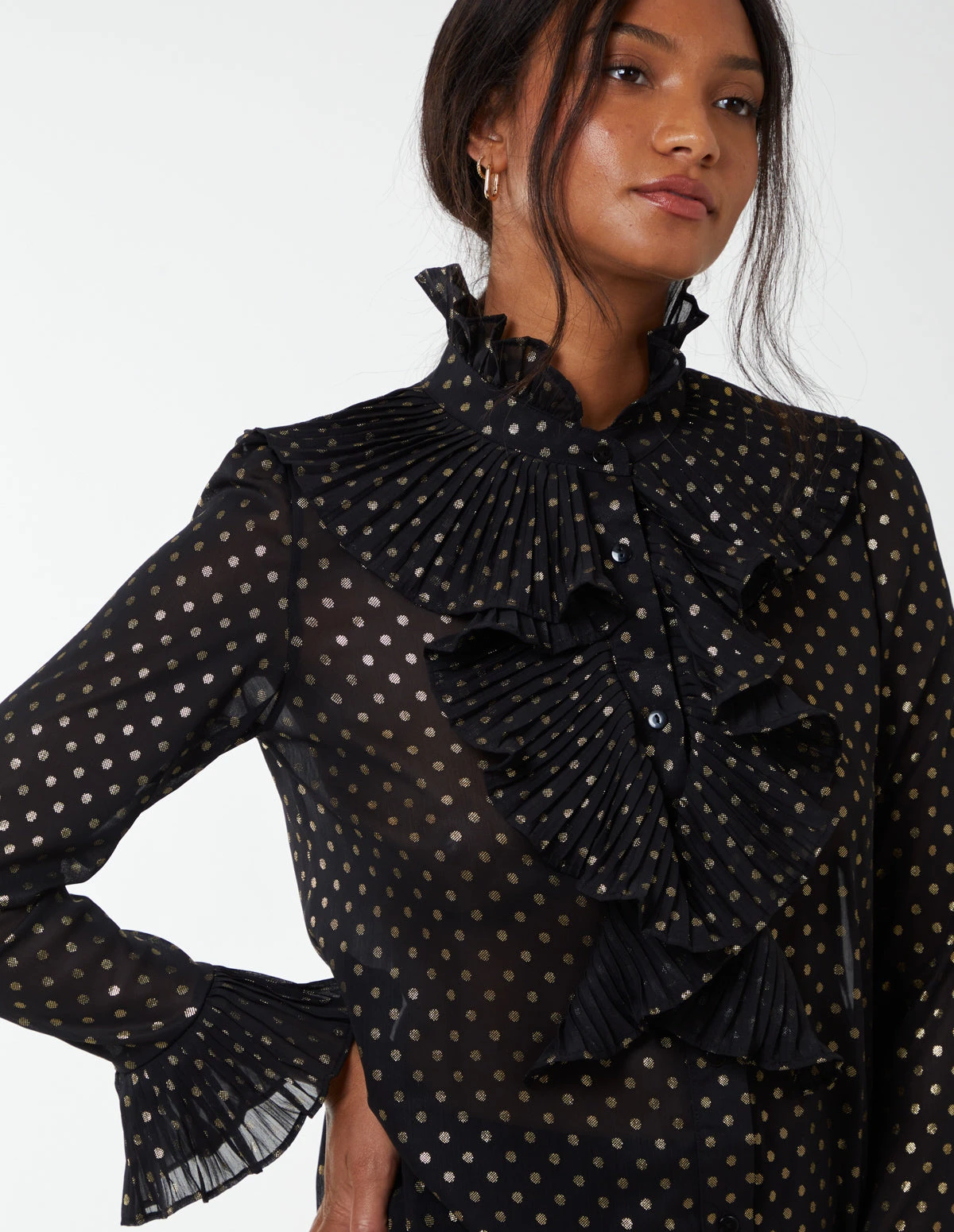 Gold Dots Pleated Frill Shirt(Black Gold Dots Pleated Frill Shirt) 4 Gold Dots Pleated Frill Shirt(Black Gold Dots Pleated Frill Shirt) - Image 4