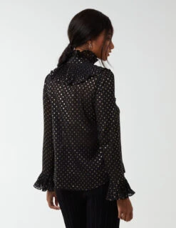 Gold Dots Pleated Frill Shirt(Black Gold Dots Pleated Frill Shirt) 7 Gold Dots Pleated Frill Shirt(Black Gold Dots Pleated Frill Shirt) -Repertoire Fashion Store NL222429 BLACK 118