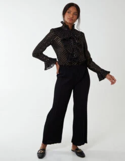 Gold Dots Pleated Frill Shirt(Black Gold Dots Pleated Frill Shirt)