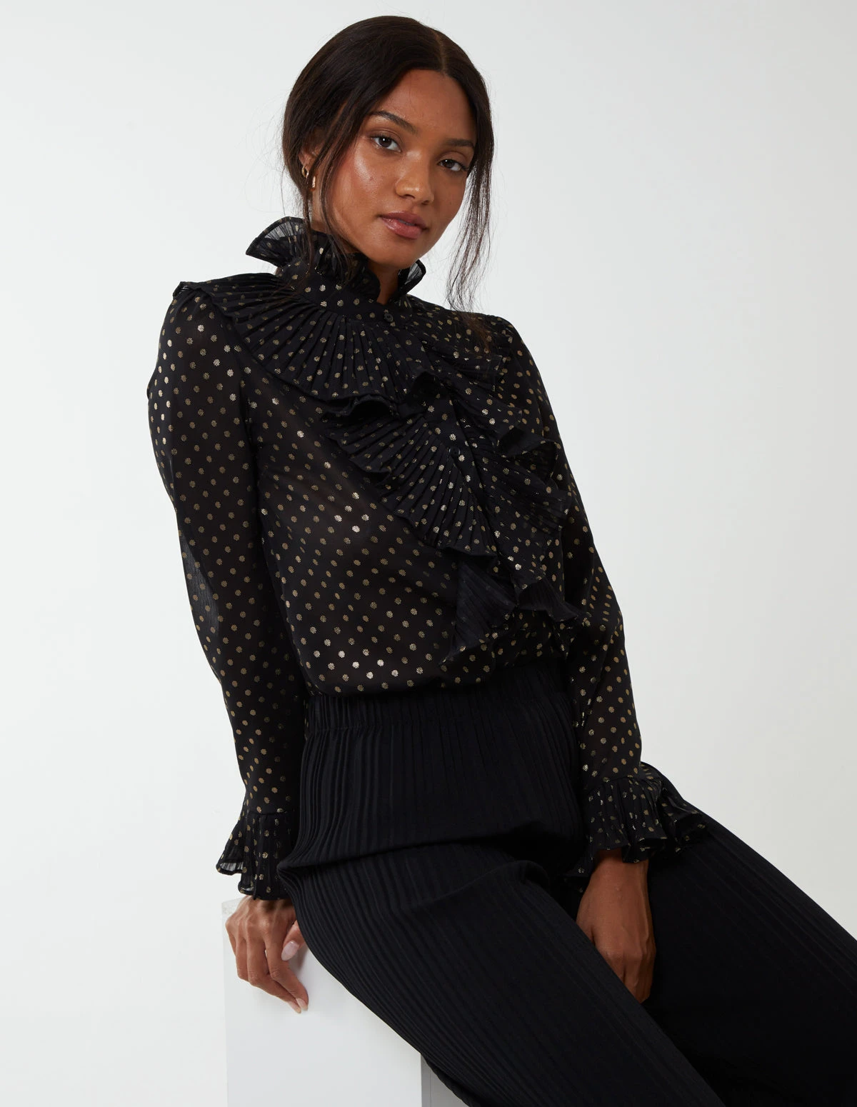 Gold Dots Pleated Frill Shirt(Black Gold Dots Pleated Frill Shirt) 2 Gold Dots Pleated Frill Shirt(Black Gold Dots Pleated Frill Shirt) - Image 2