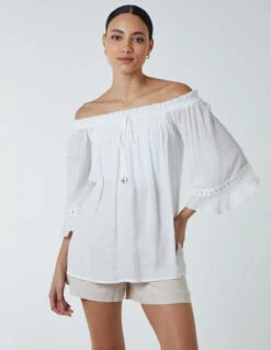 Bardot Tie Front Top(Ivory Bardot Tie Front Top)
