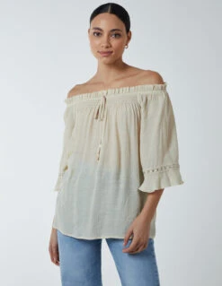 Bardot Tie Front Top(Stone Bardot Tie Front Top)