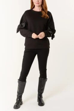 Bow Sleeve Sweatshirt(Black Bow Sleeve Sweatshirt) -Repertoire Fashion Store NL258410 BLACK 0010