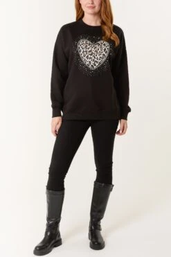Love Heart Sweatshirt Leopard(Black Love Heart Sweatshirt Leopard) -Repertoire Fashion Store NL258411 BLACK 4138