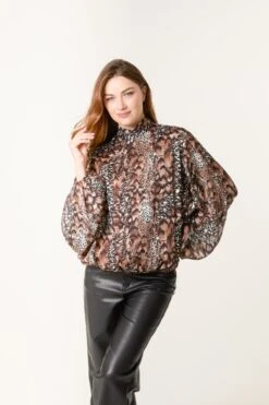 Multi Animal Print Bubble Hem High Neck Blouse(Multi Animal Print Bubble Hem High Neck Blous) -Repertoire Fashion Store NL258421 ANIMAL 3348