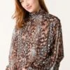 Multi Animal Print Bubble Hem High Neck Blouse(Multi Animal Print Bubble Hem High Neck Blous)