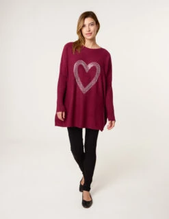 Heart Diamante Oversized Jumper(Berry Heart Diamante Oversized Jumper) -Repertoire Fashion Store NL258567 BERRY 21587
