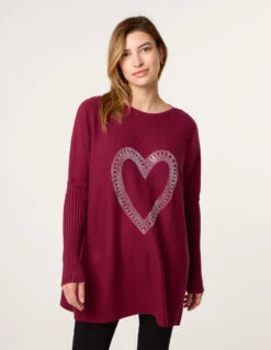 Heart Diamante Oversized Jumper(Berry Heart Diamante Oversized Jumper)