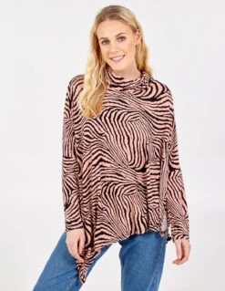 Abstract Zebra Oversized Cowl Neck Top(Pink Abstract Zebra Oversized Cowl Neck Top)