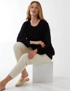 Long Sleeve Pleated Top(Black Long Sleeve Pleated Top) -Repertoire Fashion Store NV1410 BLACK 111