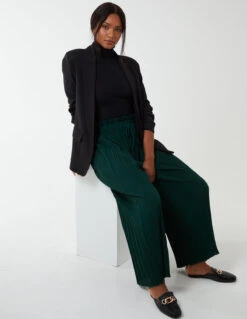 Wide Leg Pleated Trousers(Wide Leg Pleated Trousers 1) -Repertoire Fashion Store QED2473 BOTTLEGREEN 107