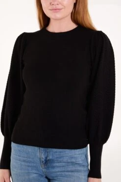 Balloon Sleeve Knit Jumper(Balloon Sleeve Knit Jumper) -Repertoire Fashion Store QED3299 BLACK 0442