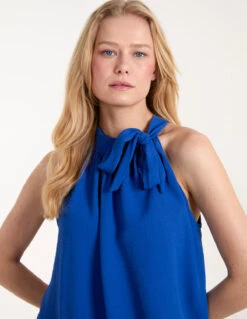 Pussybow Sleeveless Top(Blue Pussybow Sleeveless Top) -Repertoire Fashion Store S22573 BLUE 1774