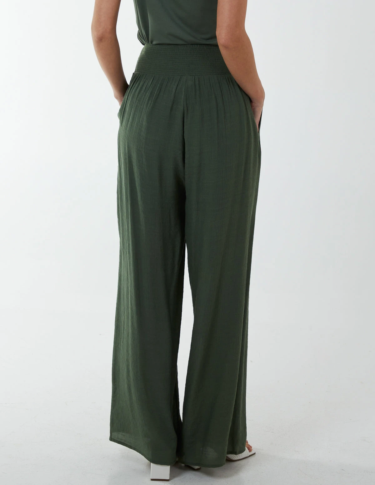 Shirring Waist Wide Leg Trouser(Khaki Shirring Waist Wide Leg Trouser) 4 Shirring Waist Wide Leg Trouser(Khaki Shirring Waist Wide Leg Trouser) - Image 4