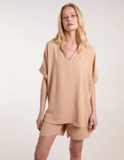 V-Neck Short Sleeve Blouse(Camel V Neck Short Sleeve Blouse)