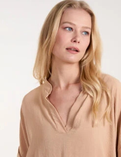 V-Neck Short Sleeve Blouse(Camel V Neck Short Sleeve Blouse) -Repertoire Fashion Store SS23395 CAMEL 0629