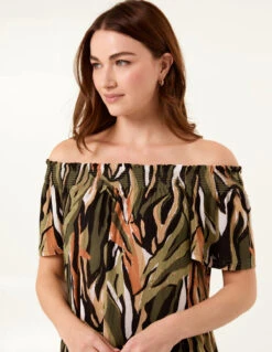 Plisse Bardot Top(Plisse Bardot Top) -Repertoire Fashion Store SS25127 KHAKI 0586