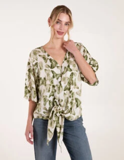 Tie Front Watercolour Butterfly Printed Top(Tie Front Watercolour Butterfly Printed Top)