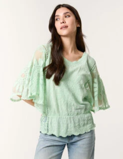 Sun Flower Lace Sleeve Blouse(Sage Sun Flower Lace Sleeve Blouse)