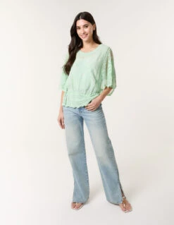 Sun Flower Lace Sleeve Blouse(Sage Sun Flower Lace Sleeve Blouse) -Repertoire Fashion Store SS25157B248 145827