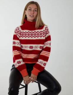 Aztec Roll Neck Crop Jumper(Red Aztec Roll Neck Crop Jumper) -Repertoire Fashion Store WF4883BV RED5649