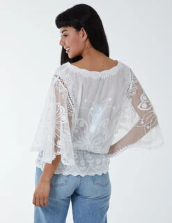 Floral Lace Butterfly Sleeve Blouse -Repertoire Fashion Store WF4964 IVORY 6056