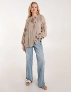 Long Cuff Sleeve Button Down Tie Front Shirt(Long Cuff Sleeve Button Down Tie Front Shirt) -Repertoire Fashion Store WF5214BV004 130728