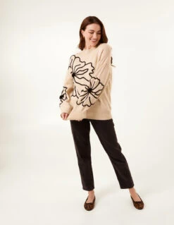 Large Flower Embroidery Jumper(Beige Large Flower Embroidery Jumper) 6 Large Flower Embroidery Jumper(Beige Large Flower Embroidery Jumper) -Repertoire Fashion Store WF5248 BEIGE 03631
