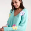 Flower Knit Embroidery V Neck Jumper(Aquaflower Knit Embroidery V Neck Jumper)