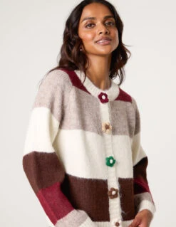 Multi Coloured Striped Cardigan With Flower Buttons(Multi Coloured Striped Cardigan With Flower Buttons)