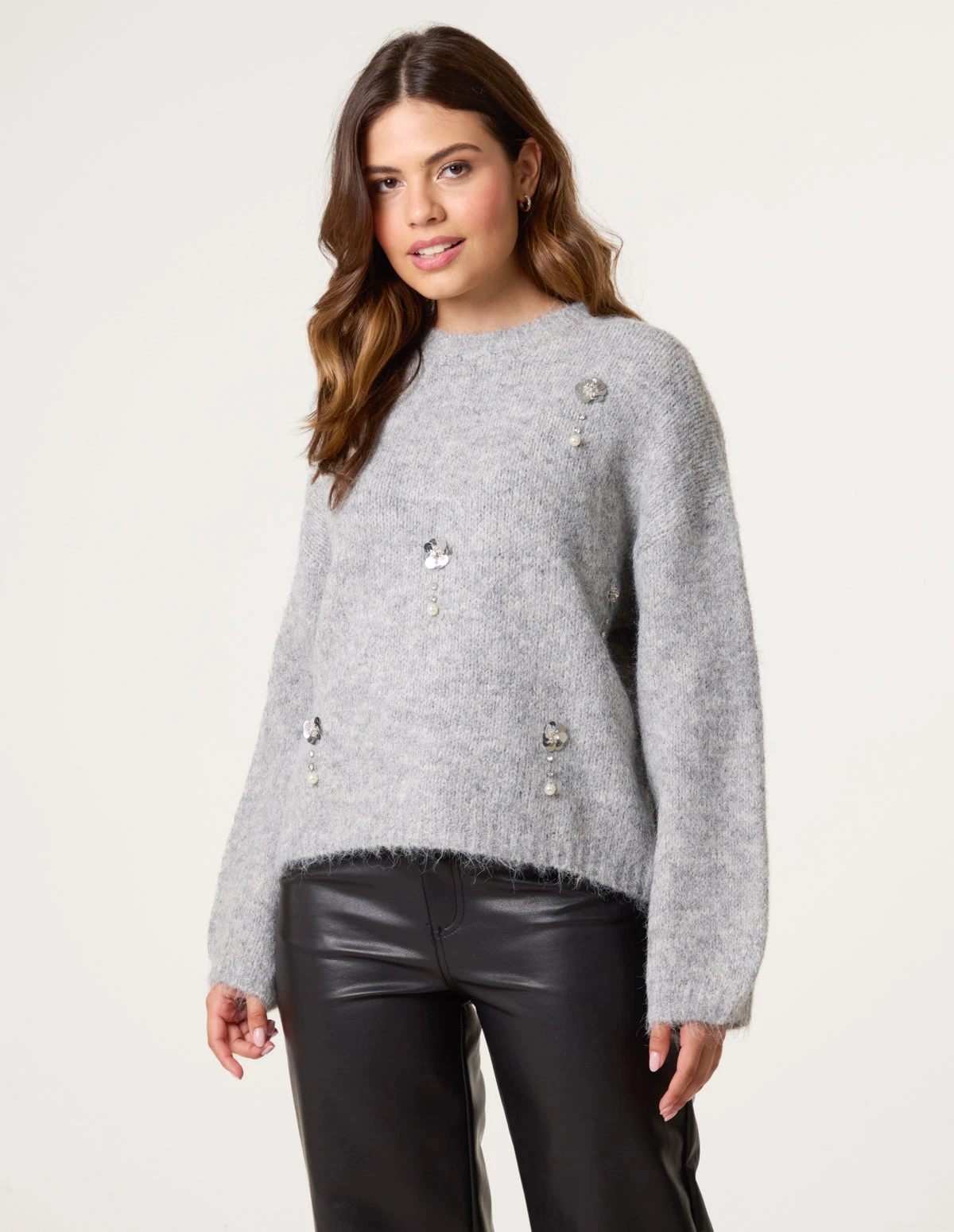Flower Embellished Jumper(Grey Flower Embellished Jumper) 1 Flower Embellished Jumper(Grey Flower Embellished Jumper)