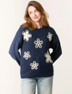 Jumper With Embroidered Flowers(Navy Jumper With Embroidered Flowers) -Repertoire Fashion Store WF5540 NAVY 257714 f655893a cfa0 4d1f bc35 9d09c1642f37