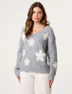 V Neck Flower And Pearl Jumper(V Neck Flower And Pearl Jumper) -Repertoire Fashion Store WF5566 GREY 26614 72ab6fff 1b83 4772 849b ecfec42a57d7