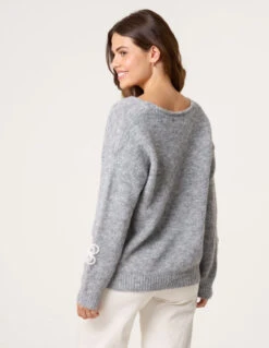 V Neck Flower And Pearl Jumper(V Neck Flower And Pearl Jumper) -Repertoire Fashion Store WF5566 GREY 26632 5ae9e714 9e08 4117 9a04 4ee5ae8c7e5f