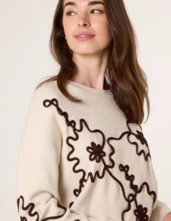 Floral Embroidery Detailed Jumper(Stone Floral Embroidery Detailed Jumper) -Repertoire Fashion Store WF5577 STONE 38074