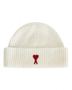 Ami Mens Heart Logo Beanie Off White/Red