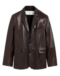 Ami Mens Leather Blazer Jacket Dark Coffee Brown