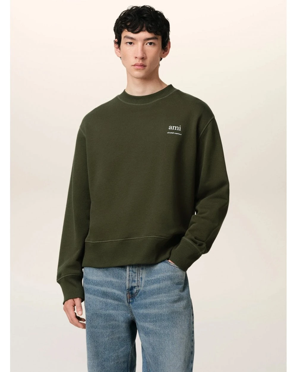Ami Mens Script Letter Sweatshirt Loden Green 2 Ami Mens Script Letter Sweatshirt Loden Green - Image 2