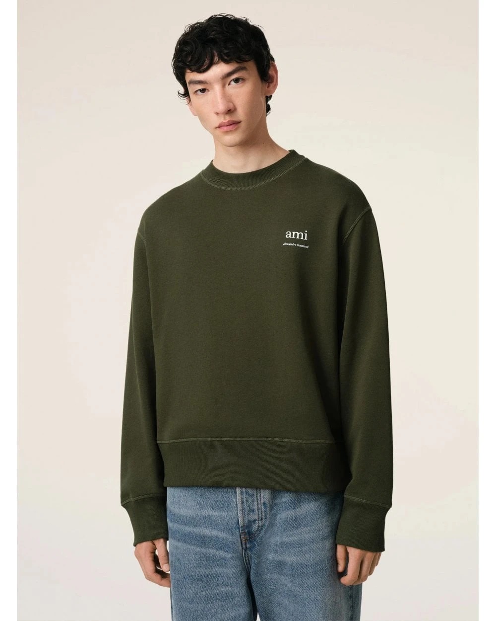 Ami Mens Script Letter Sweatshirt Loden Green 3 Ami Mens Script Letter Sweatshirt Loden Green - Image 3