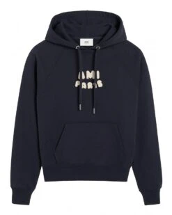 Ami Unisex Paris Patch Hoodie Navy Blue