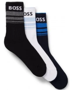 BOSS Mens 3 Pack Ribbed Stripe Socks Blue/Black/White